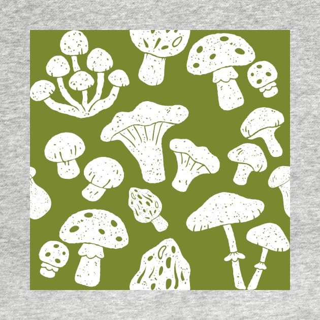 Cottagecore Mushroom Hunting Olive Green Seamless Pattern by ichewsyou